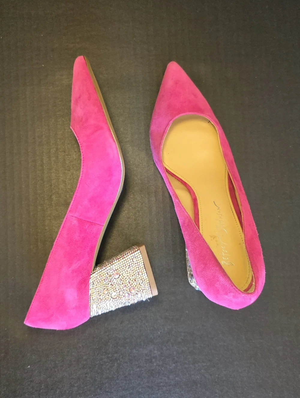 Betsey Johnson Pink Suede Pointed Toe Pumps with Embellished Block Heel Glamour - Picture 3 of 6